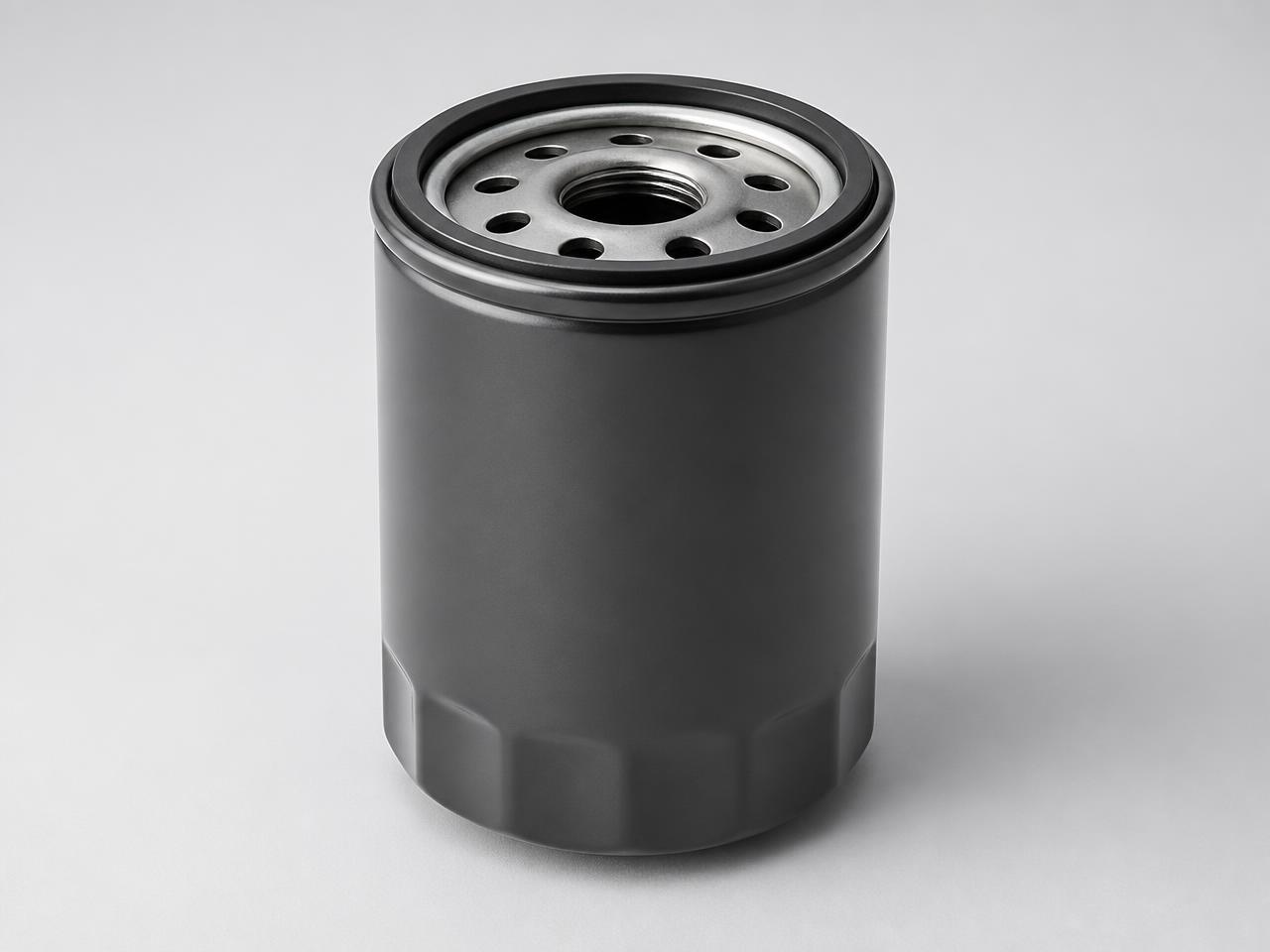 Spin-on automotive oil filter on a light studio background