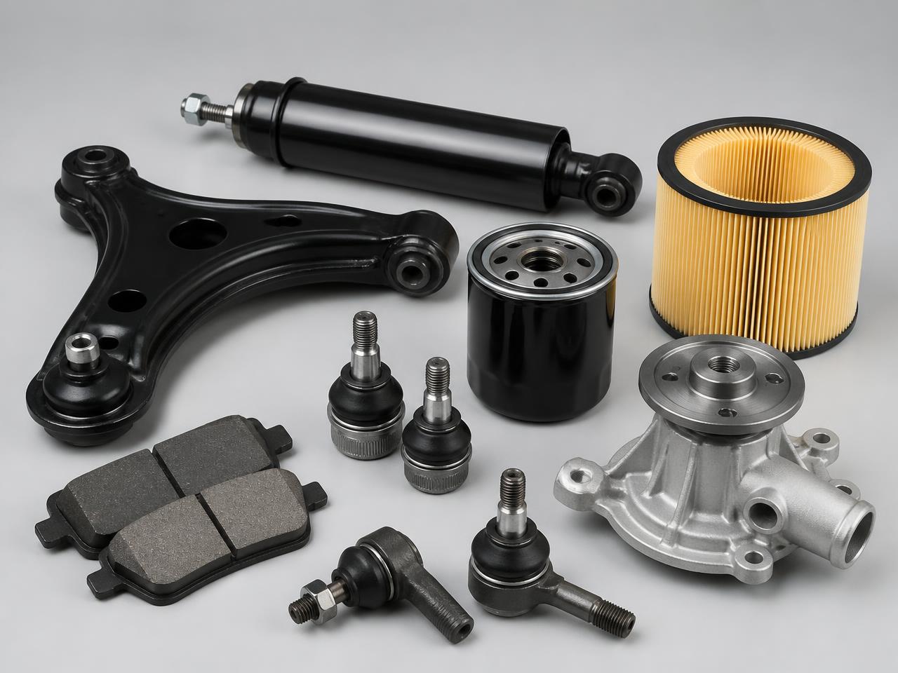 Assorted aftermarket automotive parts including shock absorber, control arm, filters and brake pads